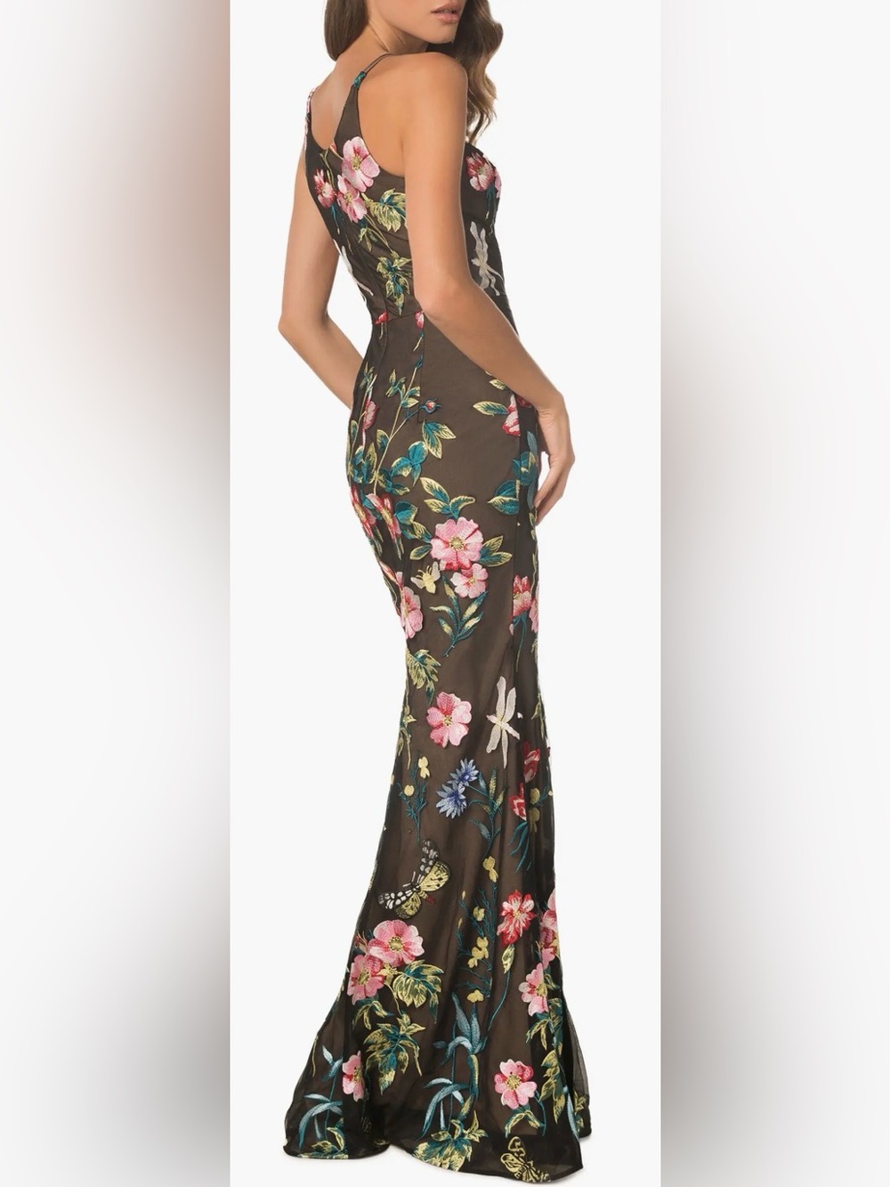 New Dress the Population Brown Floral Maxi Dress with Pink & Teal Blooms - Picture 3 of 9